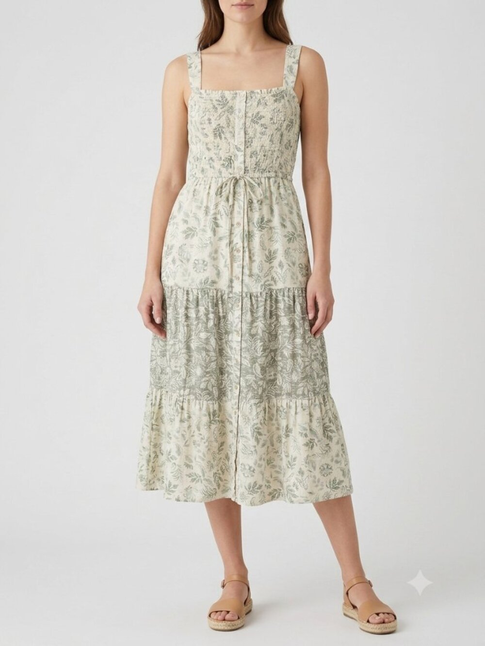 Lucky Brand Smocked Midi Dress L Sage Green Cream NWT